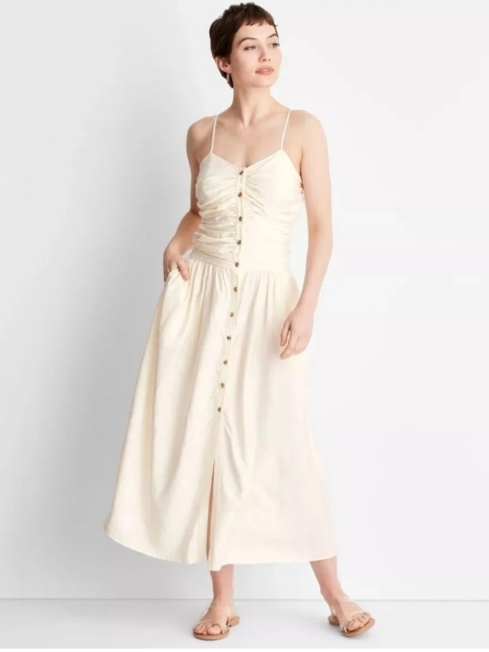 🌻NEW Future Collective Ruched Midi Dress Ivory Bodycon Stretch Size Large